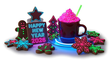 Festive New Year's treats with glowing decorations and hot chocolate