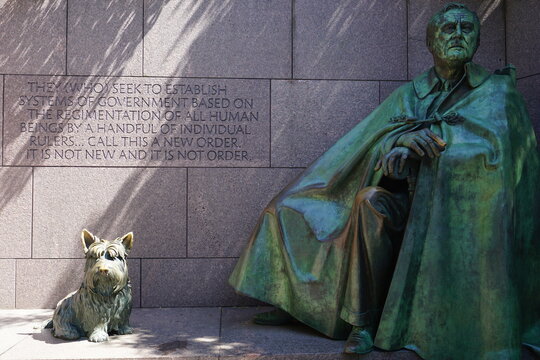The landmark Franklin Delano Roosevelt Memorial in Washington, DC, features a bronze statue of historic American president FDR with his famous dog Fala.