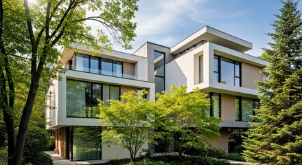 Fototapeta premium Contemporary Residential Architecture Featuring Clean Lines and Neutral Tones in Bright Daylight