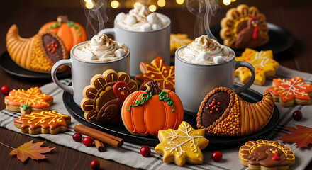 Warm autumn treats, festive cookies, and steaming mugs create a cozy holiday gathering.