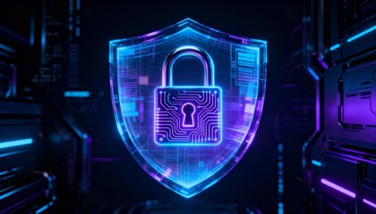 Cyber padlock in digital shield hologram, glowing security interface, dark high-tech background