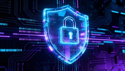 Cyber padlock in digital shield hologram, glowing security interface, dark high-tech background