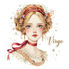 Elegant Virgo maiden with golden dress, red ribbon and details
