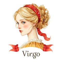 Watercolor Virgo zodiac sign with delicate maiden in pastel tones