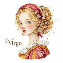 Festive Virgo zodiac illustration with snowflakes and soft colors