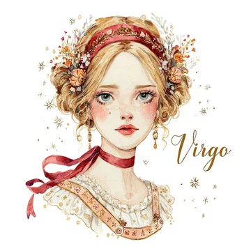 Elegant Virgo maiden with golden dress, red ribbon and details
