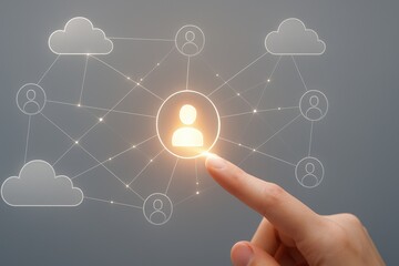Finger touching glowing profile icon in network of users and cloud symbols representing digital identity, online connection and cloud management