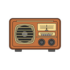 A classic retro-style wooden radio receiver with a speaker grille, tuning dial, and control knobs.