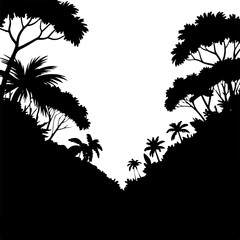 Exotic tropical forest with palm tree silhouettes creating a valley or V-shape against a clear sky vector art © rs_studios