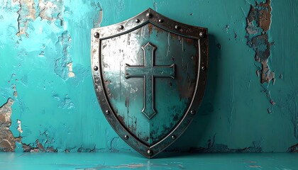 Ancient shield with cross emblem against a distressed aqua wall backdrop