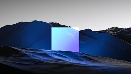Abstract futuristic sci-fi mountain landscape with neon panel, blue-violet square light in a gloomy mountainous, rocky surface, wallpaper. 3D render