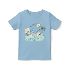 Light Blue T-Shirt with Whimsical Cartoon Landscape Graphic