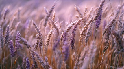 Fototapeta premium Close-up of field of green grass with purple flowers in foreground and blue sky in background