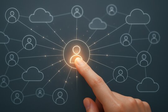Finger pointing at glowing profile icon in network of cloud and user symbols symbolizing digital identity, online system and connectivity
