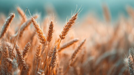 Fototapeta premium A close-up of a wheat field with a blurred sky in the background of the photo