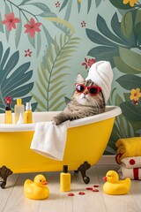 A relaxed tabby cat sits in a yellow bathtub wearing red sunglasses and a white towel. The background features tropical plants and bath accessories.