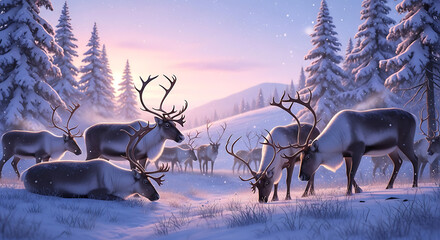 Herd of reindeer grazing peacefully in a serene, snow-covered forest at twilight with soft, glowing light.