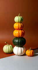 Stacked Colorful Pumpkins in Vertical Tower with Autumn Tones on Gray Surface and Brown Gradient Background for Seasonal Decor

