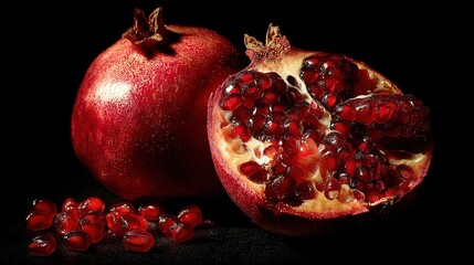   A pair of pomegranates rest atop a dark table against a black backdrop