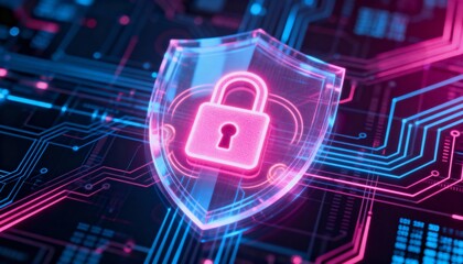 Cyber security holographic shield with glowing padlock icon, neon pink and blue tones, digital network background