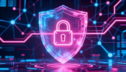 Cyber security holographic shield with glowing padlock icon, neon pink and blue tones, digital network background