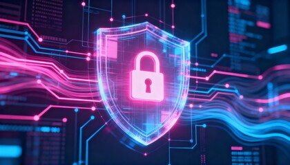 Cyber security holographic shield with glowing padlock icon, neon pink and blue tones, digital network background