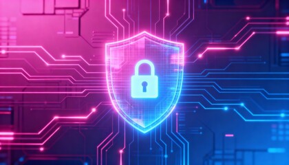 Cyber security holographic shield with glowing padlock icon, neon pink and blue tones, digital network background