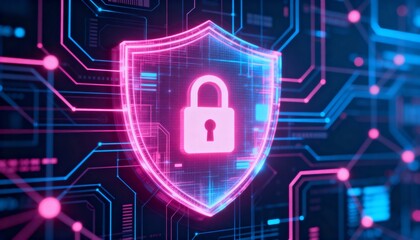 Cyber security holographic shield with glowing padlock icon, neon pink and blue tones, digital network background