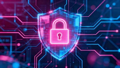 Cyber security holographic shield with glowing padlock icon, neon pink and blue tones, digital network background