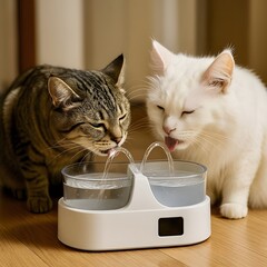 Two Domestic Cats Drinking Clean Water from Modern Pet Fountain Indoors