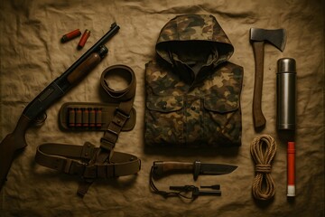 Hunting Gear Laid Out on Fabric Surface Ready for Outdoors Adventure