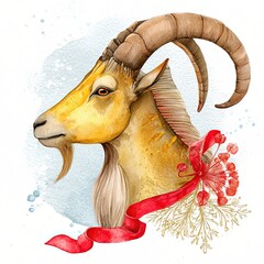 Golden Capricorn zodiac goat with festive ribbon and snowflakes