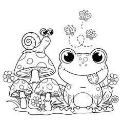 Cute frog with snail and butterflies for coloring book