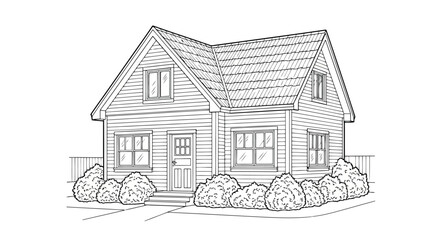 Illustration of a cozy house with a garden coloring page