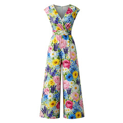 Colorful floral print wide leg jumpsuit isolated on transparent background
