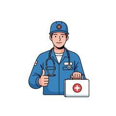 An illustrated male industrial medic wearing a hard hat and stethoscope, holding a first aid kit and giving a thumbs up.