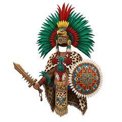 Aztec warrior with feathered headdress sword and shield isolated on transparent background