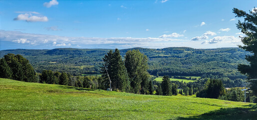 Authentic high-resolution real photo from ski resort hilltop, grassy summer valley view to forested hills, clearings, distant buildings, blue sky, horizon clouds. Ideal for nature wall art, editorial. © Stewart G Fleming