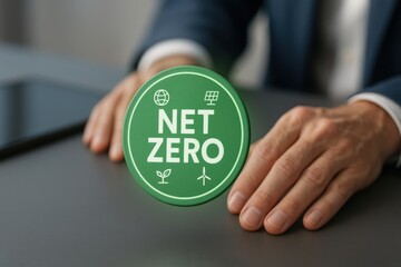 Businessman with floating net zero badge and environmental icons representing clean energy, renewable power and sustainability goals
