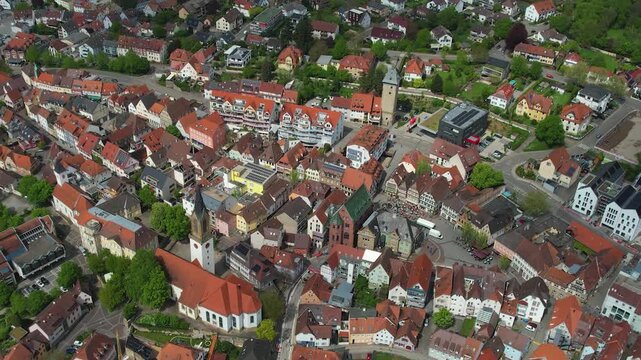 Aerial around the city bretten in Germany on a cloudy spring day.