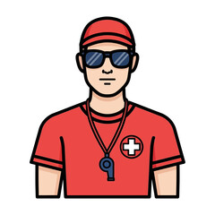 Illustration of a lifeguard wearing a red shirt, hat, and sunglasses.