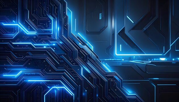 Abstract blue glowing circuit board pattern with futuristic technology and digital data flow