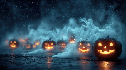   A group of jack-o'-lantern pumpkins with carved faces and smoke coming out of their heads on a wet surface
