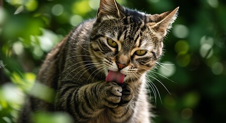 Fototapeta premium Close up of a tabby cat grooming its paw with a blurred background