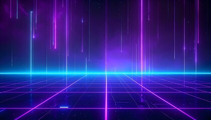 Futuristic neon grid landscape with falling light streaks in purple and blue