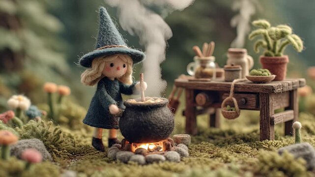 Miniature witch figurine stirring potion in enchanted forest diorama