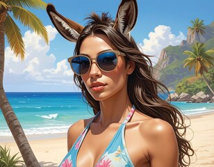 A woman in stylish sunglasses and a floral bikini stands on a tropical beach with swaying palm trees, a bright blue ocean, and distant mountains, showcasing a vibrant and sunny summer mood.