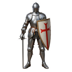 Medieval knight in full armor with sword and shield isolated on transparent background