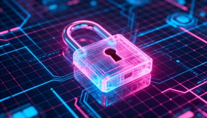 Digital cyber grid with glowing holographic padlock in pink and blue neon, futuristic cyber security background