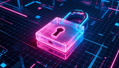 Digital cyber grid with glowing holographic padlock in pink and blue neon, futuristic cyber security background